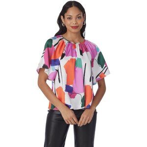 Crosby by Mollie Burch Brynn Blouse Womens Size L Satin Shirt Resort Geometric